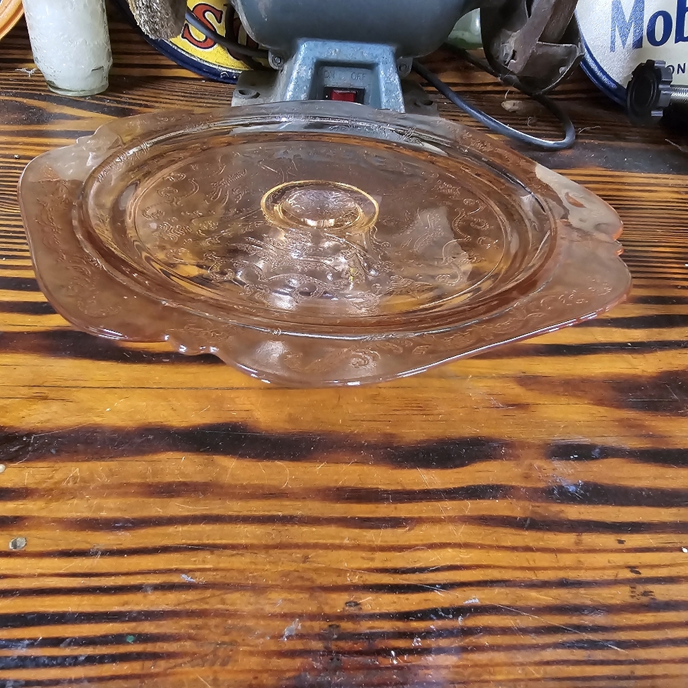 Vintage pink depression glass cake plate